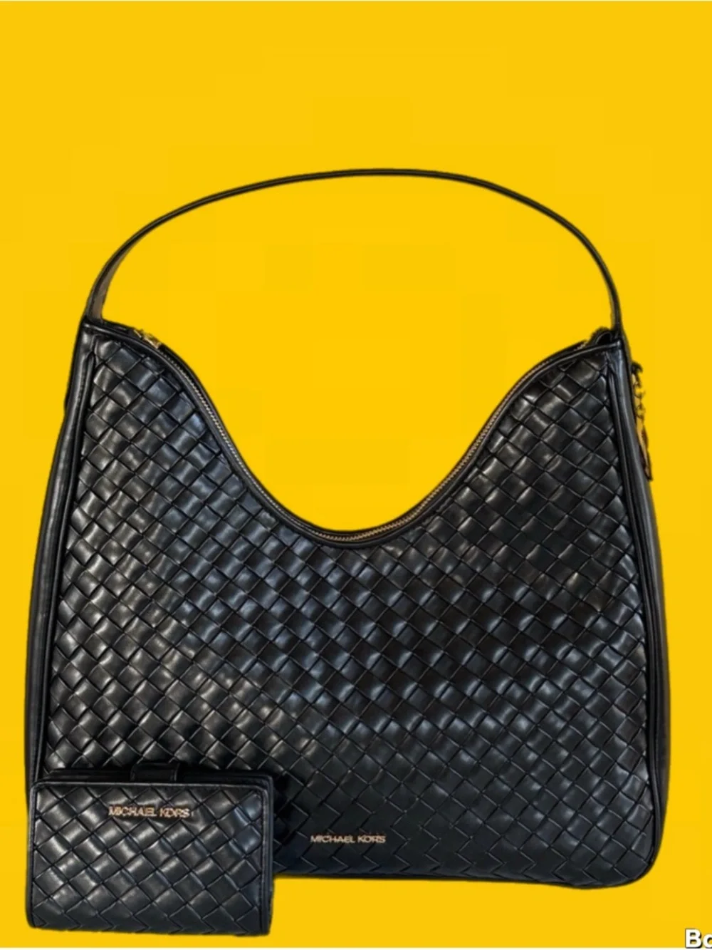 Michael Kors Black Woven Leather Shoulder Hobo with Matching Wallet